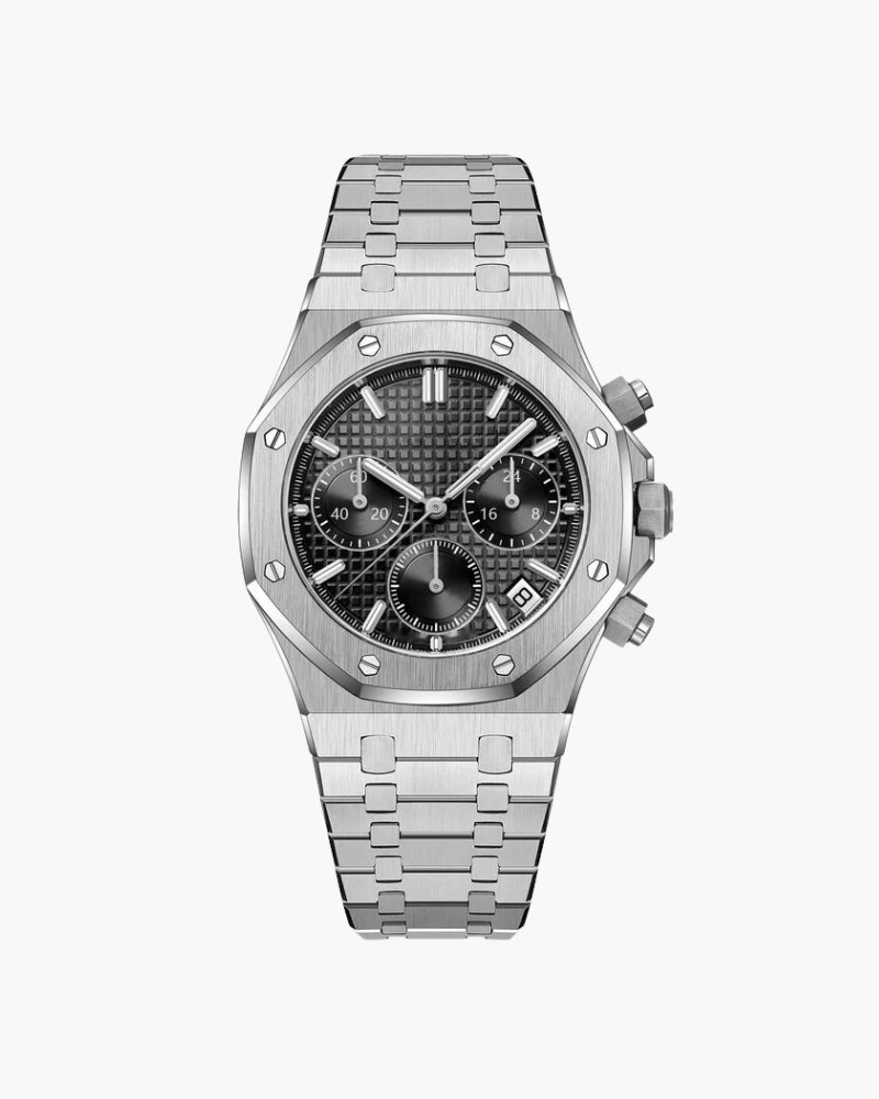 Silver octagonal-bezel chronograph watch with black textured dial and steel bracelet, front view