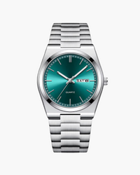 Quartz watch with emerald green dial, day-date window and steel bracelet, front view