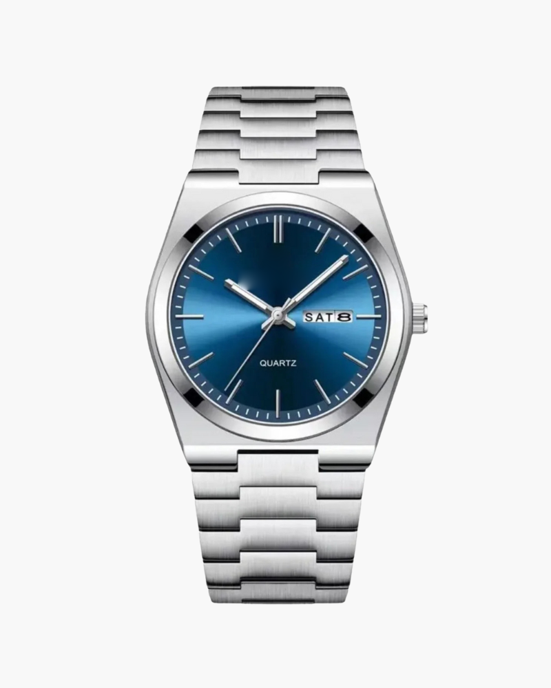 Quartz watch with blue dial, day-date window and steel bracelet, front view