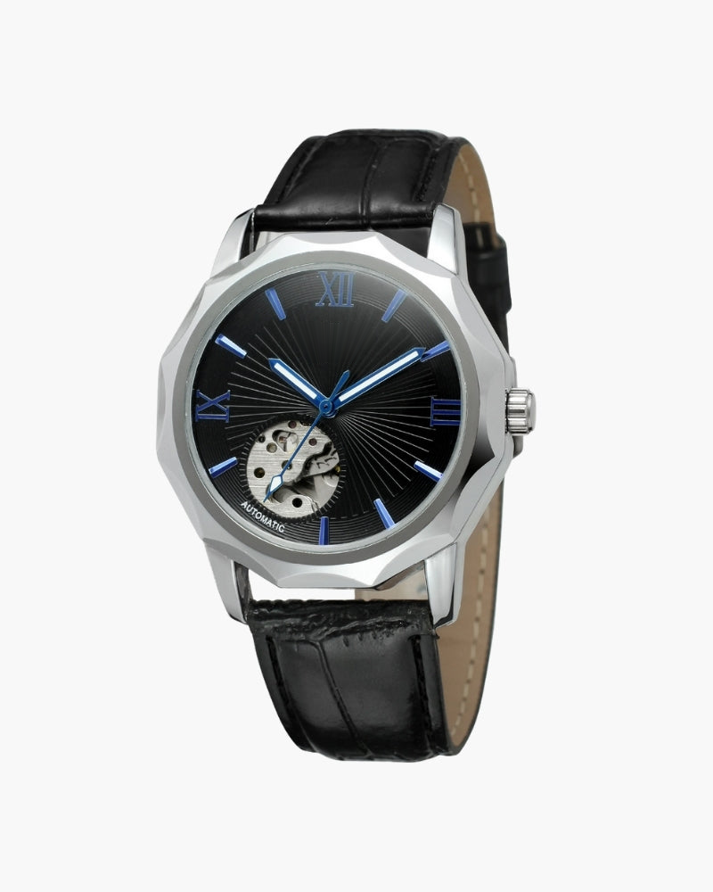 Steel faceted-case watch with black dial, open-heart skeleton window and black leather strap, front view