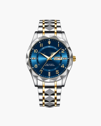 Reloj bicolor de acero y oro con esfera azul, índices de cristal y ventana de día y fecha, vista frontal