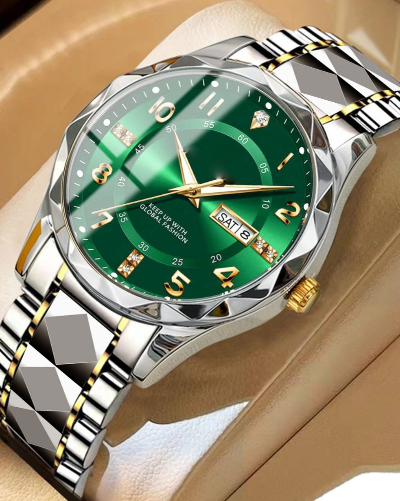 Two-tone steel watch with green dial, gold numerals and day-date window, angled close-up