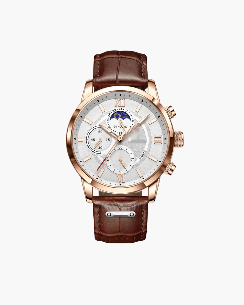 Chronographenuhr mit weißem Zifferblatt, Mondphasenanzeige, roségoldfarbenem Gehäuse und braunem Lederarmband