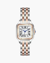 Square two-tone watch with steel and rose-gold bracelet, white Roman-numeral dial, front view