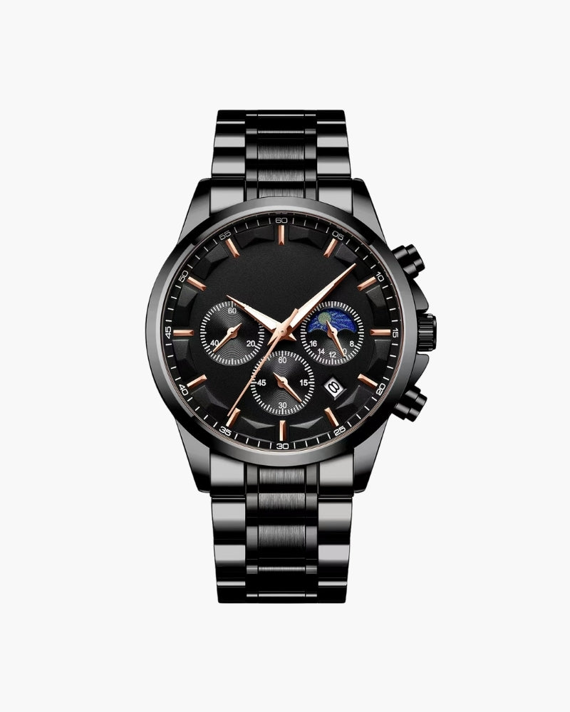 Black steel chronograph watch with black dial, rose-gold hands and three sub-dials, front view