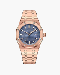 Rose-gold steel watch with octagonal screw bezel, blue textured dial and integrated bracelet, front view