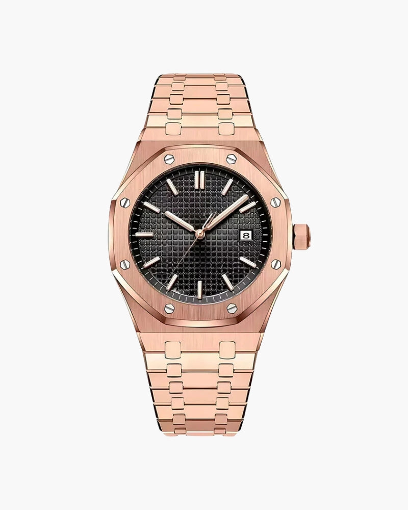 Rose-gold steel watch with octagonal screw bezel, black textured dial and integrated bracelet, front view