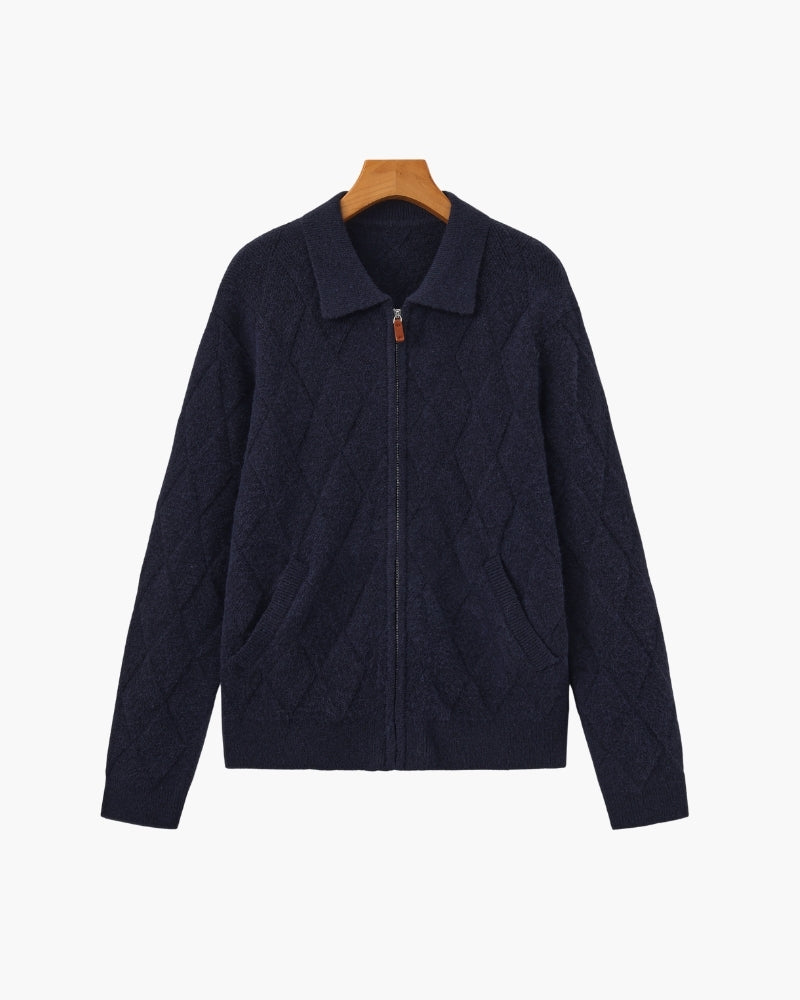 Navy diamond-knit zip cardigan with spread collar, front flat-lay on hanger
