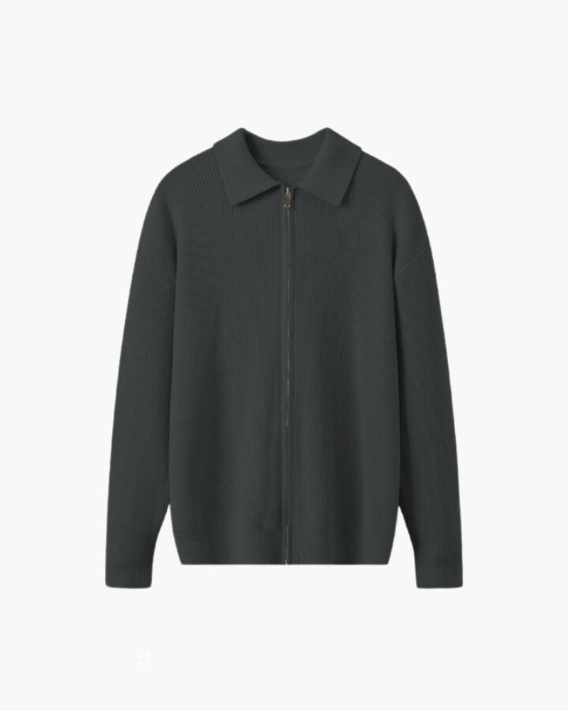 Dark green-charcoal full-zip wool jumper with structured collar, flat front view