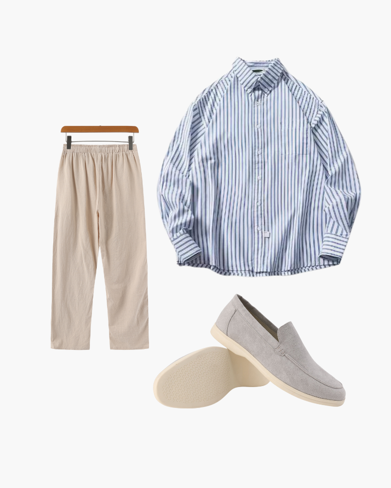Lookbook flat-lay: blue and white striped shirt, beige drawstring trousers and light grey suede loafers