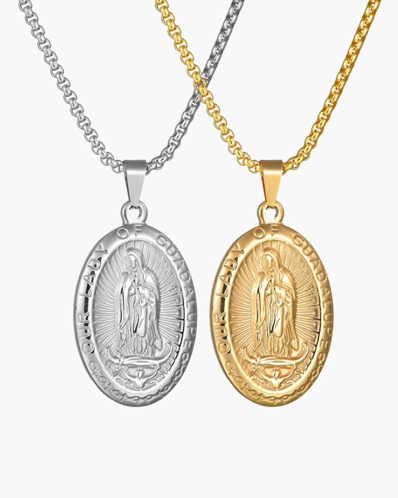 Silver-tone and gold-tone oval Our Lady of Guadalupe medallion necklaces side by side on box chains