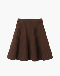 Chocolate-brown knitted pleated mini skirt with wide ribbed waistband, flat-lay front view