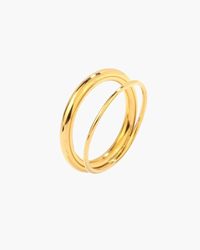 Gold-tone double-band ring with two interlocking bands, flat-lay on white
