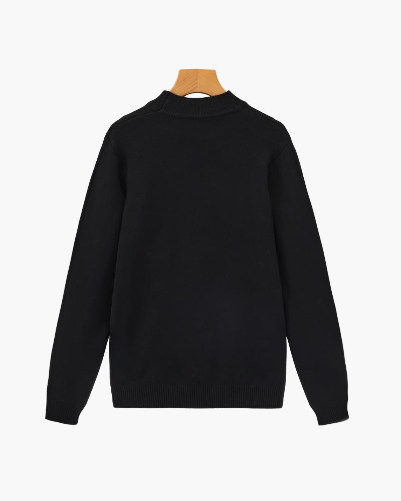 Black mock neck jumper, back view flat-lay on wooden hanger – Ribbed Mock Neck Jumper in Viscose Blend
