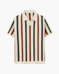 Cream open-knit polo with dark green and rust vertical stripes and Johnny collar, flat-lay front