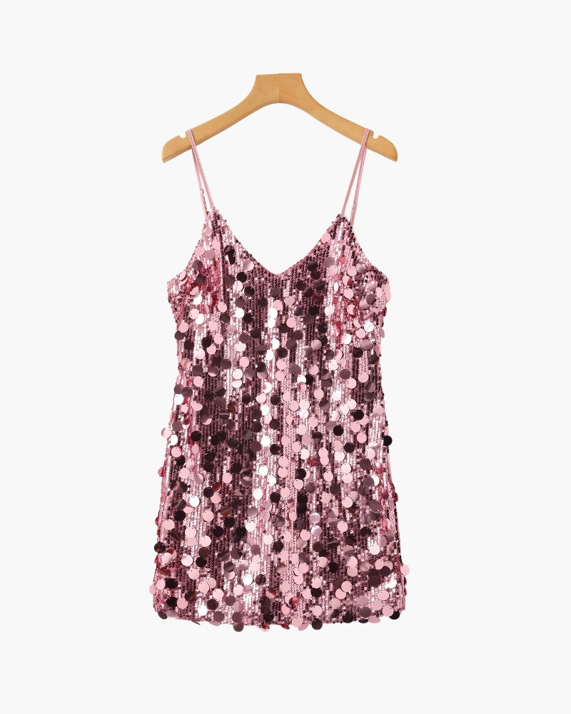 Pink paillette sequin mini slip dress with thin straps and V-neck, front view on a wooden hanger