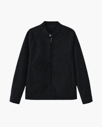 Black suede-look jacket with stand collar and zip, front flat-lay