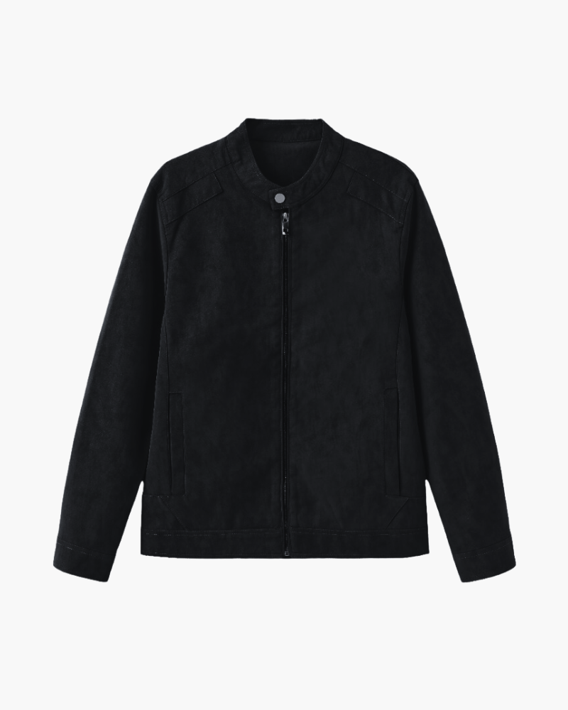 Black suede-look jacket with stand collar and zip, front flat-lay