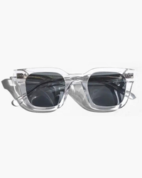 Clear acetate square sunglasses with dark grey lenses and silver rivets, folded flat-lay view