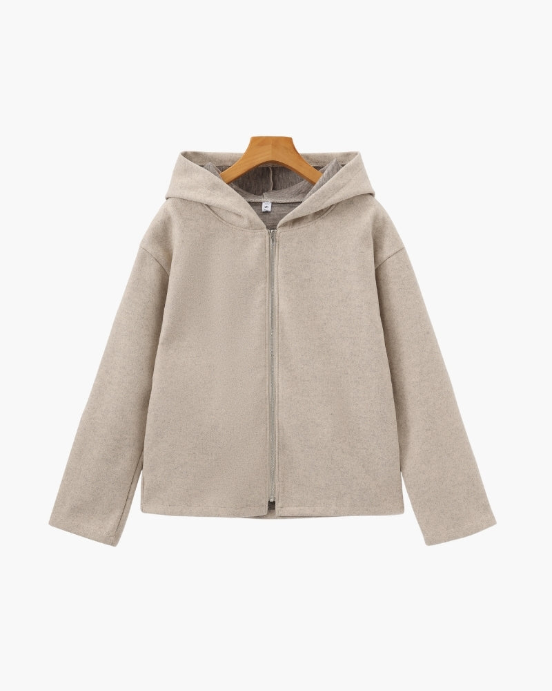 Beige wool-blend hooded zip coat, front flat-lay on hanger – Women's Hooded Zip-Up Coat in Wool