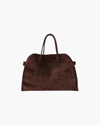 Dark brown suede-look arched handbag with two top handles, front view on a plain background