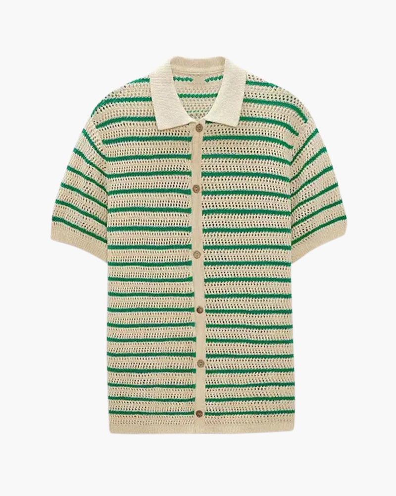 Cream open-knit short-sleeve shirt with green horizontal stripes and wood buttons, flat-lay
