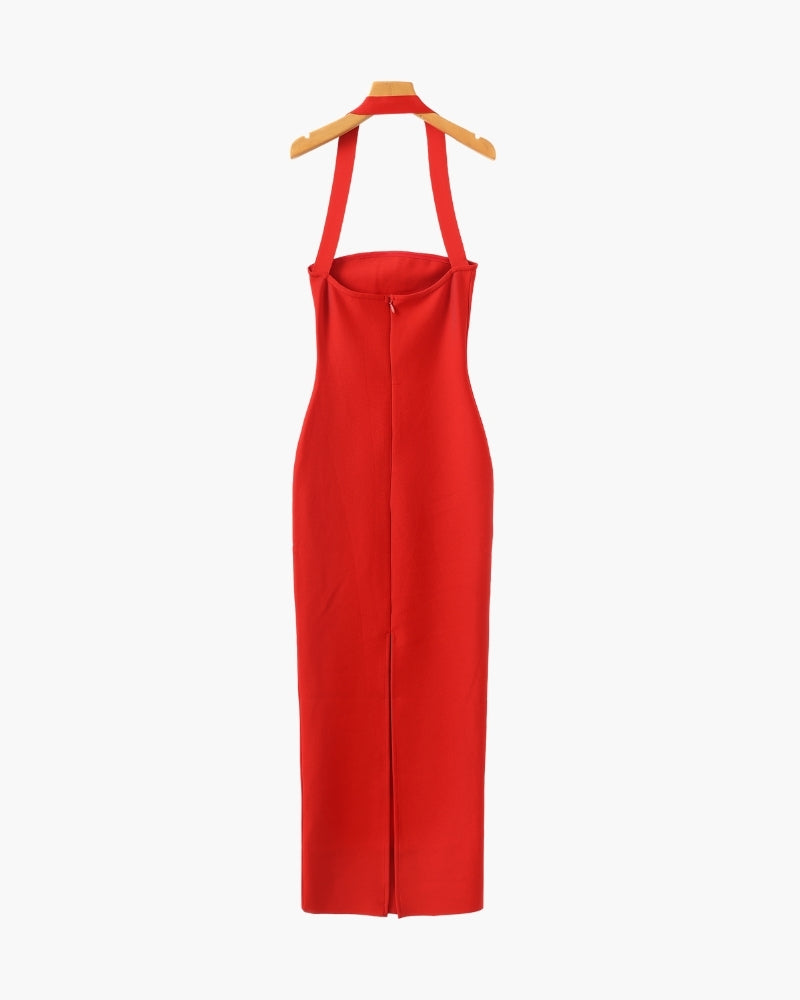 Red halter neck maxi dress with centre zip, front flat-lay on hanger