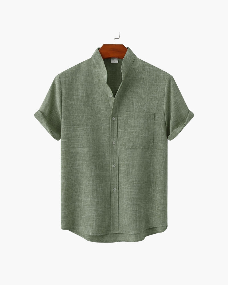 Sage green mandarin-collar linen-look shirt with chest pocket on a hanger, flat front view