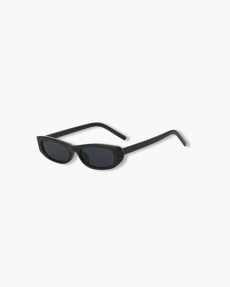 Black slim oval sunglasses with dark grey lenses, flat-lay front view