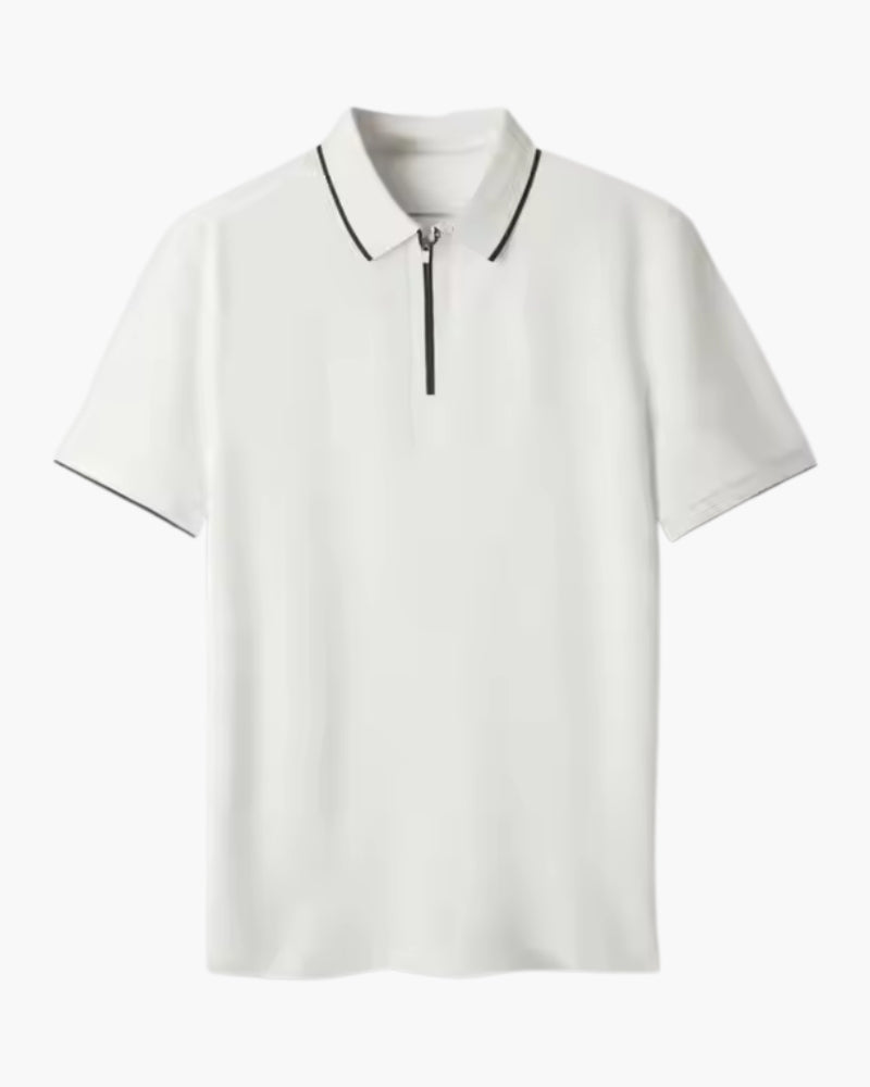 White piqué zip polo with navy-tipped collar and cuffs and quarter-zip placket, flat-lay front view