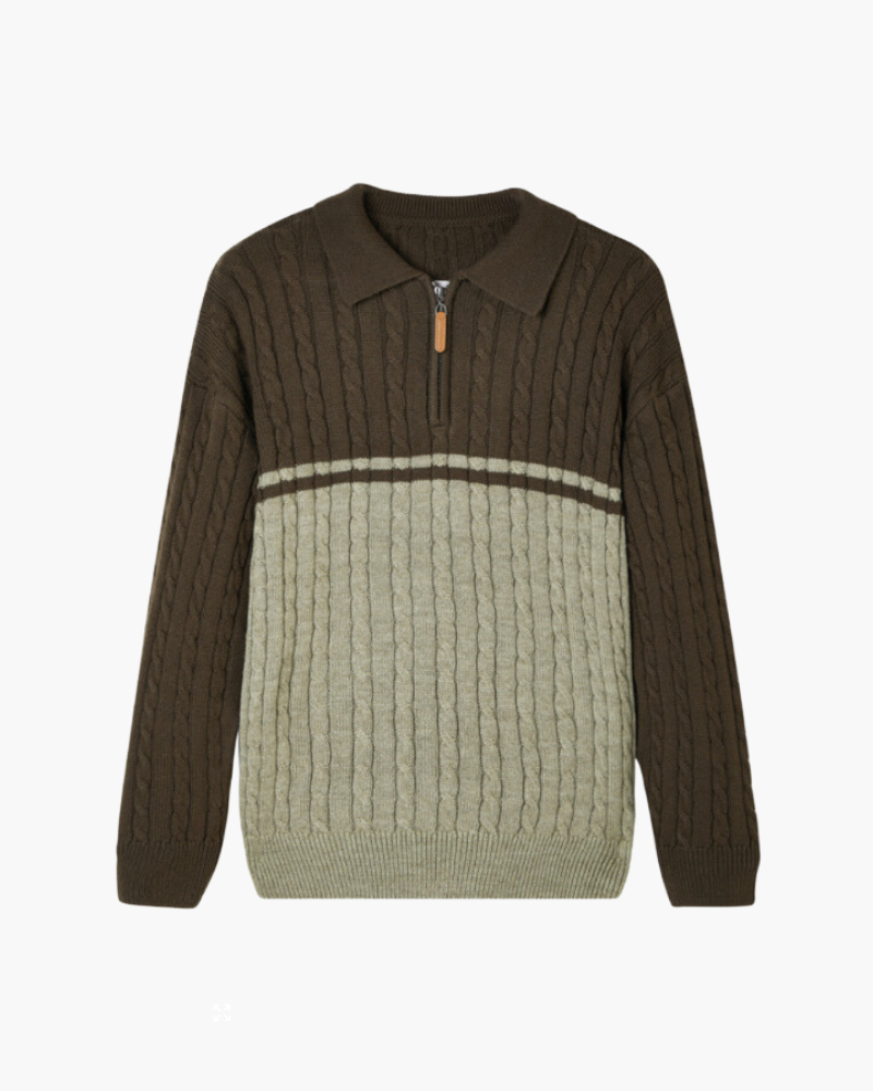 Brown and sage colour-block wool half-zip jumper with cable knit and tan zip pull, flat front view