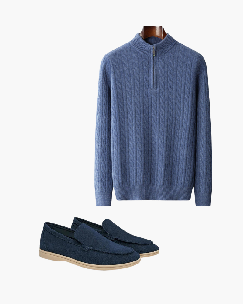 Blue cable-knit zip-neck jumper and navy suede loafers, flat-lay outfit set