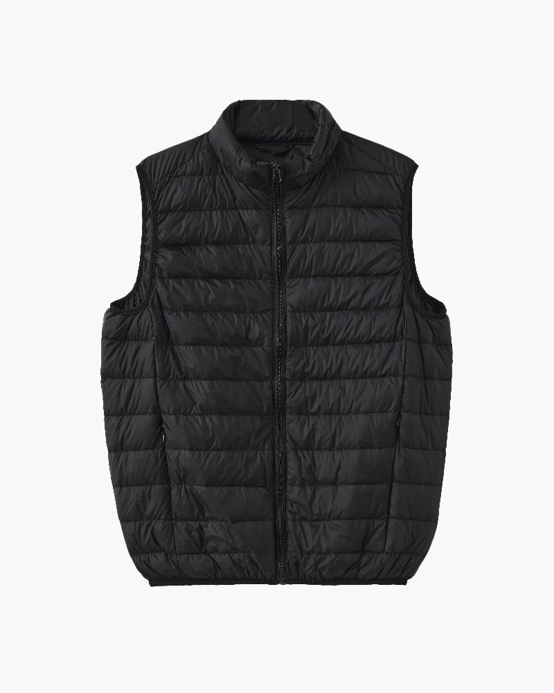 Black quilted lightweight puffer gilet with stand collar and full zip, flat-lay front view