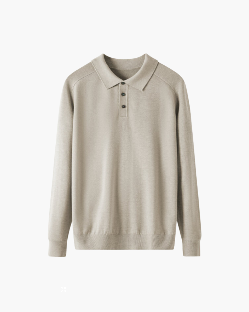 Beige long-sleeve wool polo jumper with three buttons and ribbed cuffs, flat front view