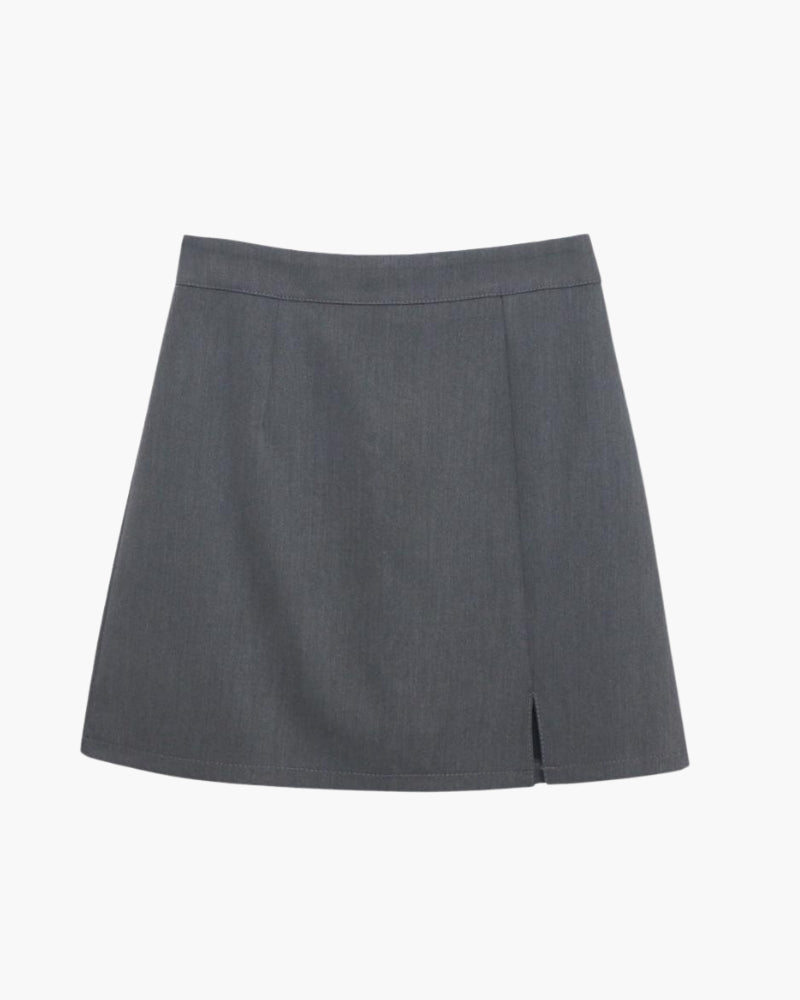 Grey high-waisted A-line mini skirt with front slit and topstitched waistband, flat-lay front view