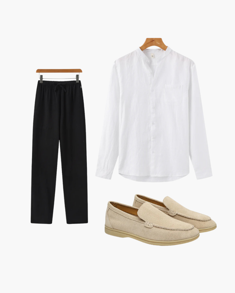 Lookbook flat-lay: white mandarin-collar linen shirt, black drawstring trousers and sand suede loafers