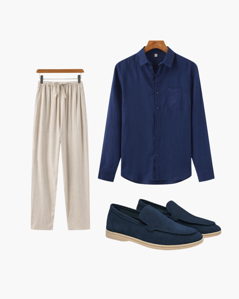 Lookbook flat-lay: navy linen shirt, beige drawstring trousers and navy suede loafers with beige soles