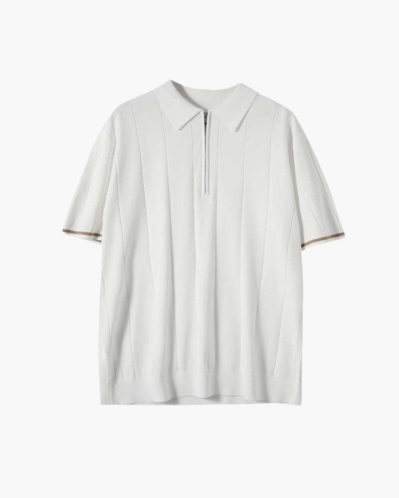 White zip-neck knit polo with beige striped sleeve cuffs, flat-lay front view