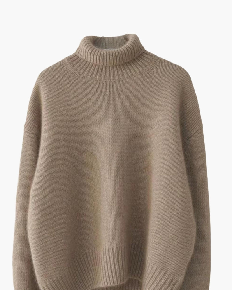 Taupe ribbed turtleneck knit with dropped shoulders, front flat-lay
