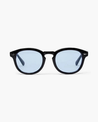 Round sunglasses with black frame and light blue tinted lenses, front view