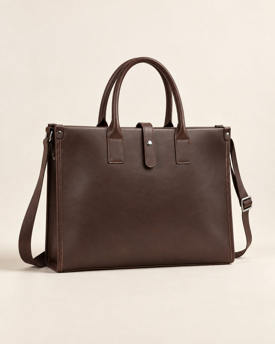 Dark brown leather briefcase with top handles and detachable shoulder strap, angled studio view