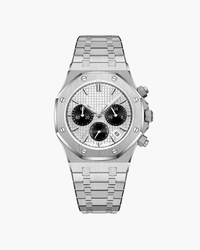 Silver octagonal-bezel chronograph watch with silver dial, black subdials and steel bracelet, front view