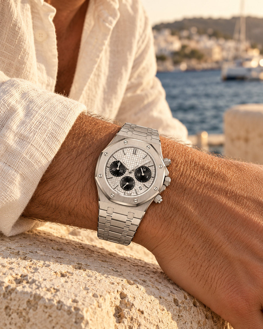 Man's wrist wearing a silver chronograph watch with octagonal bezel beside a sunlit harbour