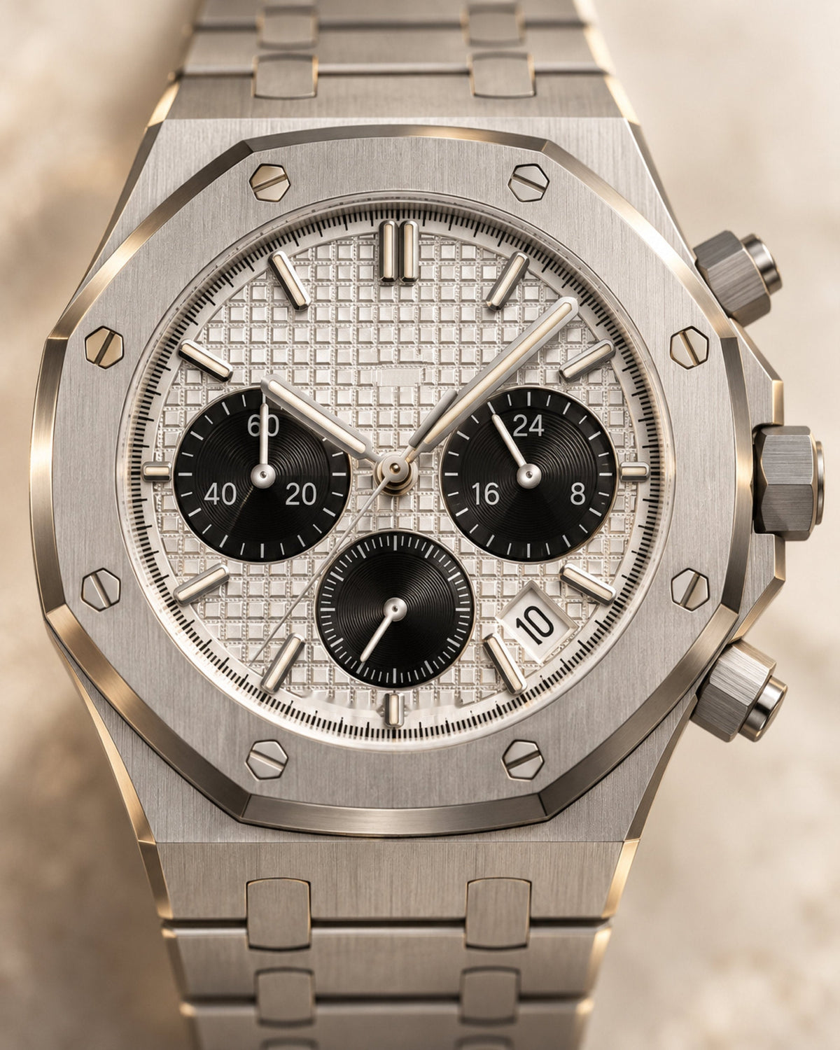 Close-up of a silver octagonal bezel chronograph with hex screws, black subdials and date window