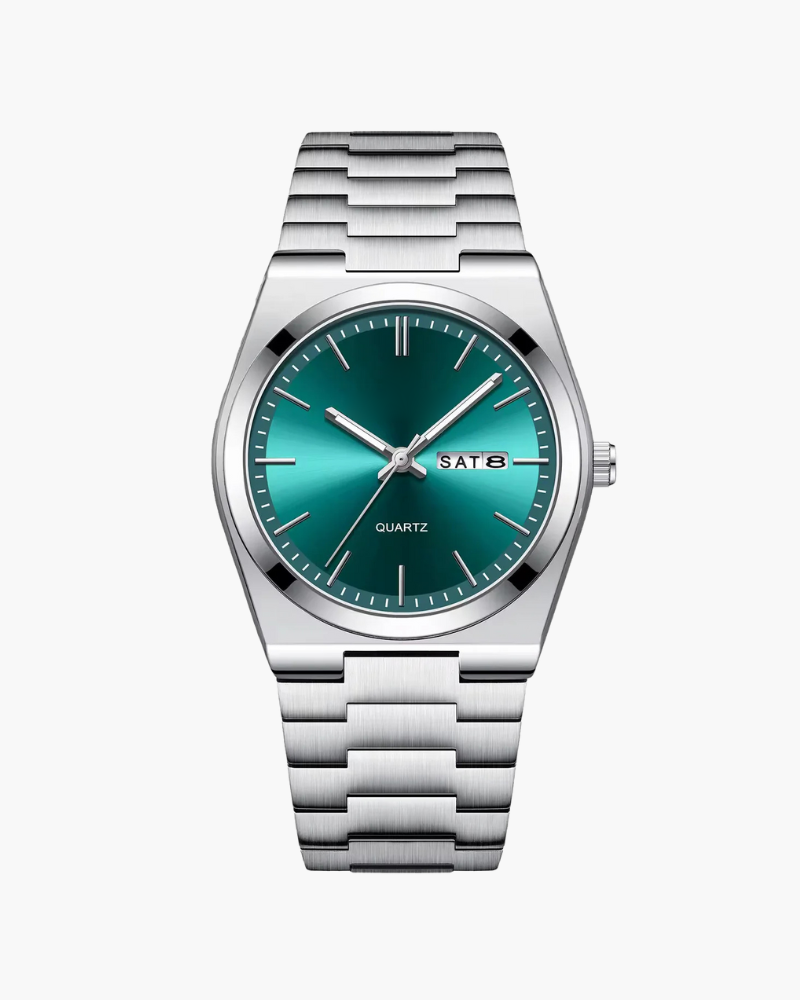Reloj de cuarzo con esfera verde esmeralda, ventana de día y fecha y brazalete de acero, vista frontal