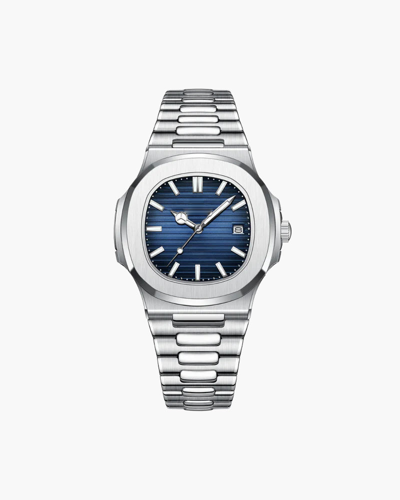 Steel quartz watch with navy blue textured dial, date window and bracelet, front view