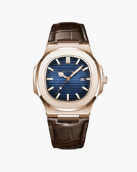Rose gold-tone cushion-case watch with blue textured dial, date window and brown leather strap