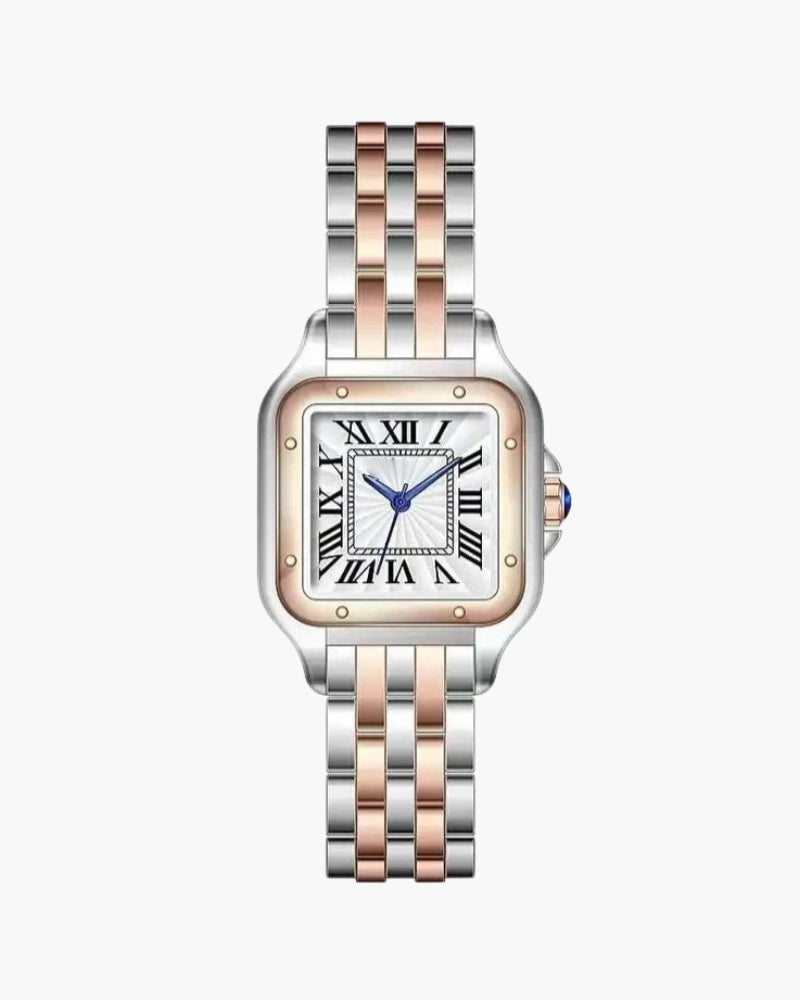 Square two-tone watch with steel and rose-gold bracelet, white Roman-numeral dial, front view