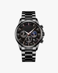 Black steel chronograph watch with black dial, rose-gold hands and three sub-dials, front view