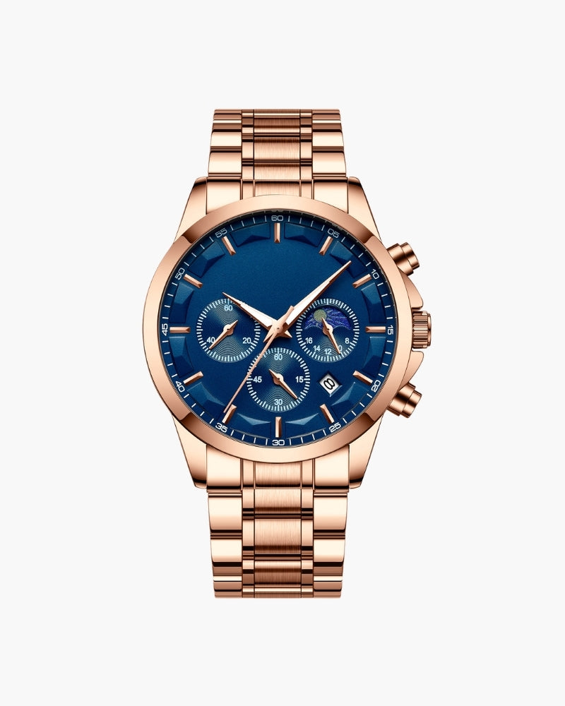 Rose-gold steel chronograph watch with blue dial and three sub-dials, front view